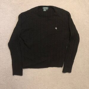VTG Lauren Ralph Lauren Black Cable Knit Cotton Sweater Style L Preppy